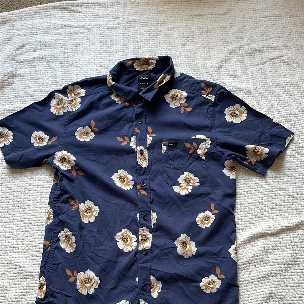 RVCA Blue and White Casual Button Down Shirt